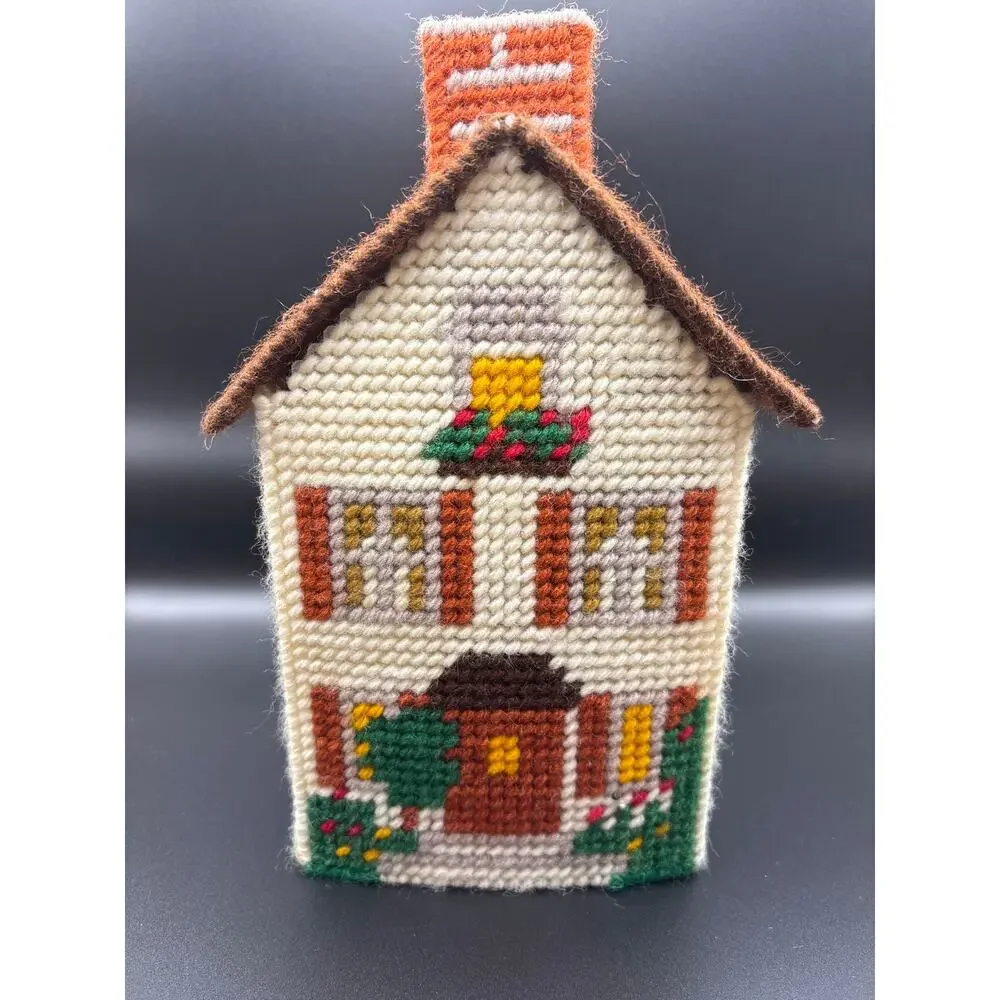 Vintage Yarn Plastic Canvas Tissue Box Cover Cottage House Retro with Tissue Box